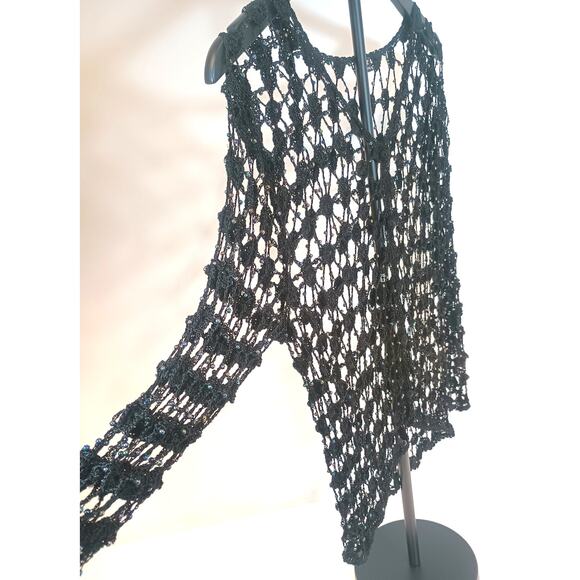 CEJION Wms Black Stretch Crochet & Beaded Fishnet Mesh Cardigan Top S/M - Picture 2 of 9